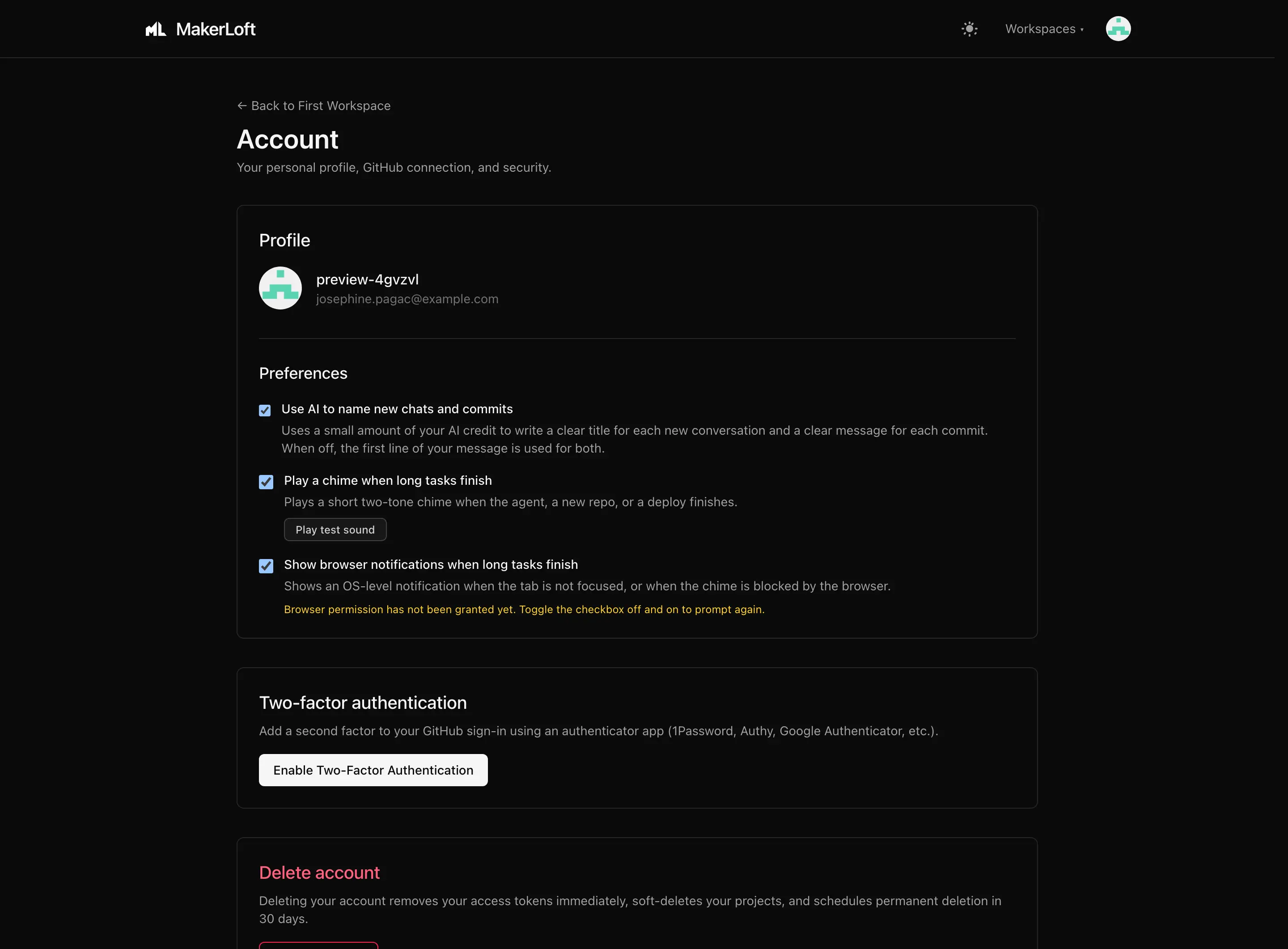 Profile section on the Account page.