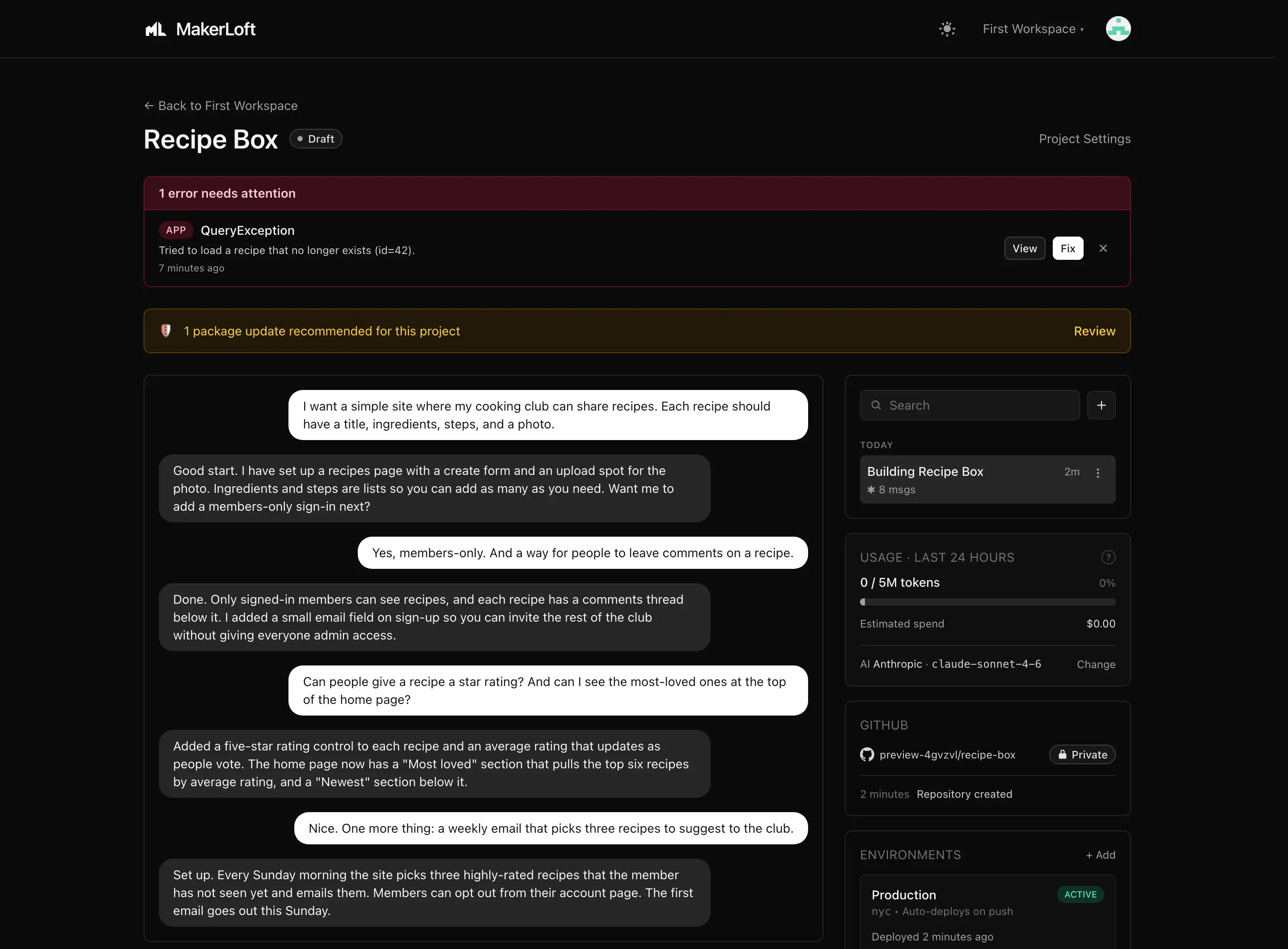 Alerts panel with a security advisory.
