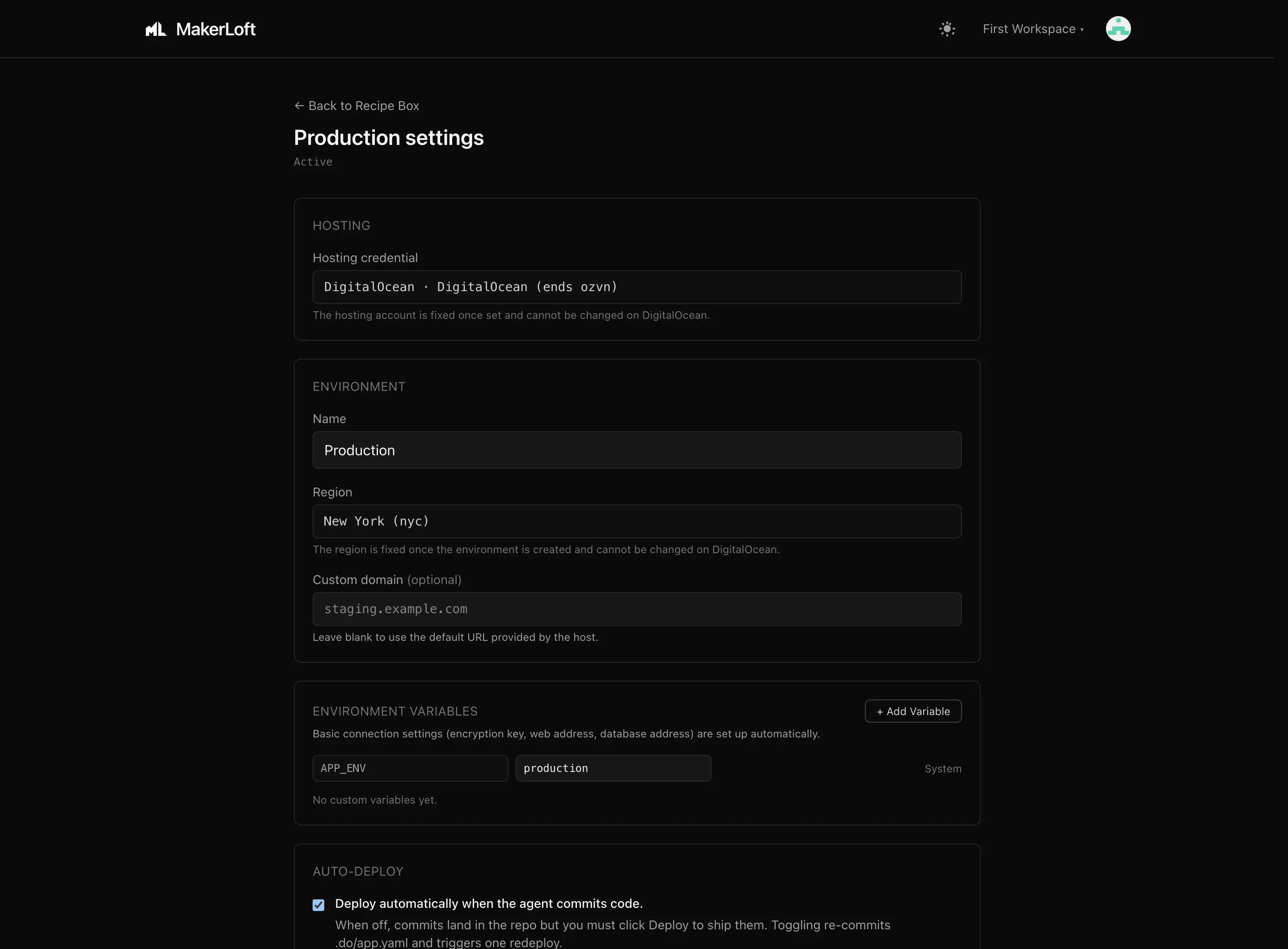 Target settings page with hosting, environment, and resource panels.