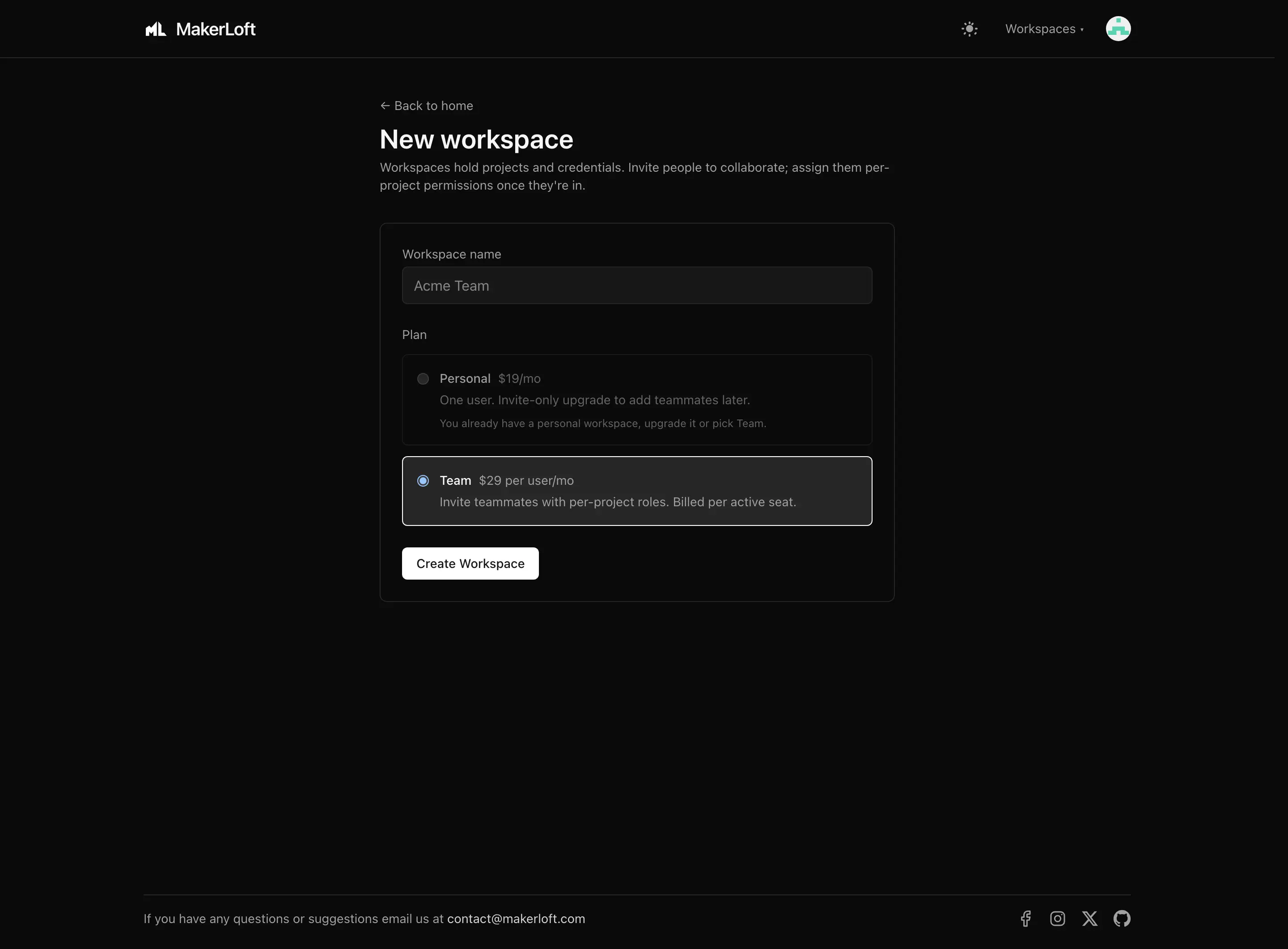 The Create workspace form.