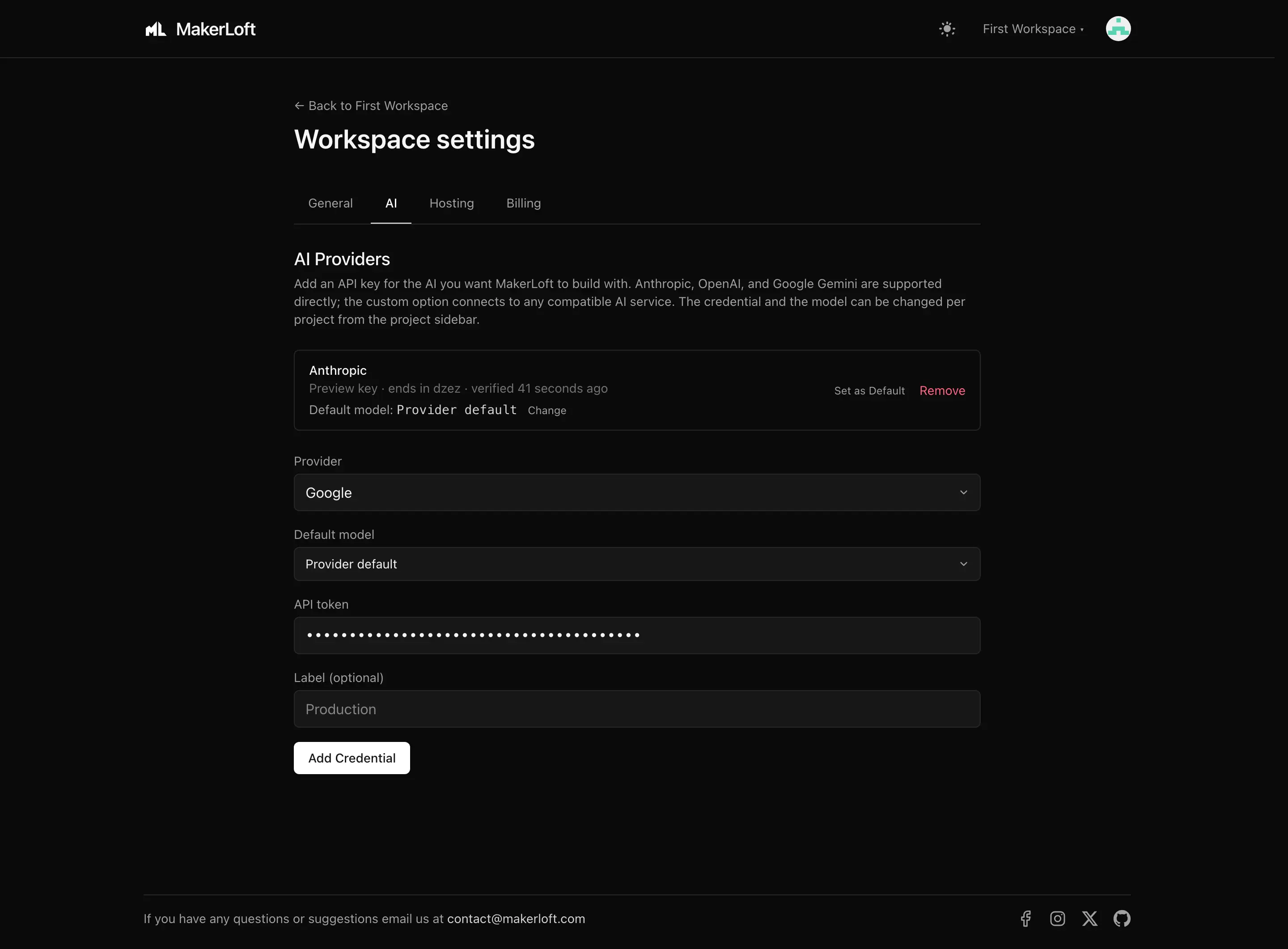Adding an AI credential on the workspace settings page.