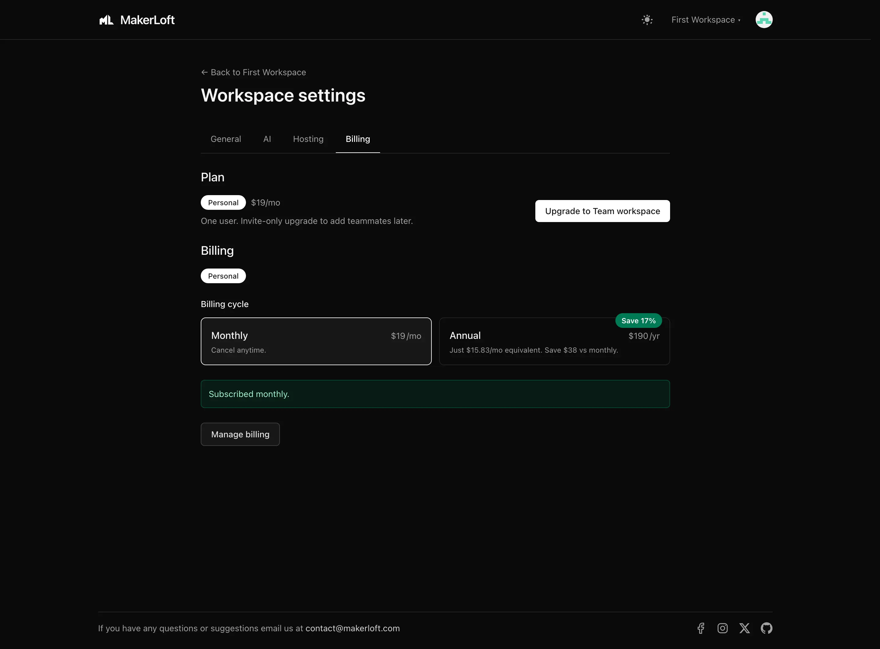 Billing tab with an active subscription.