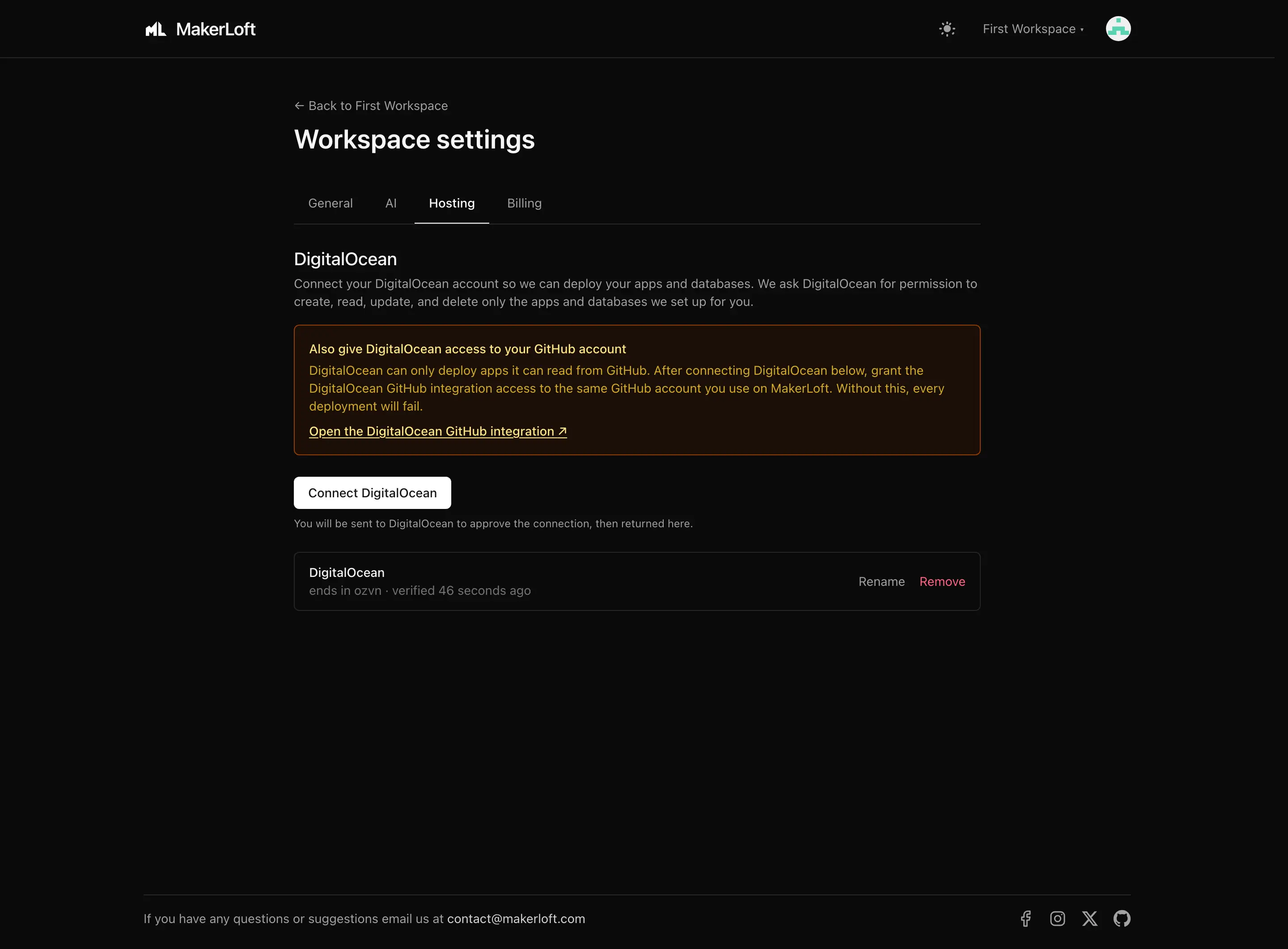 Workspace settings, Hosting tab.