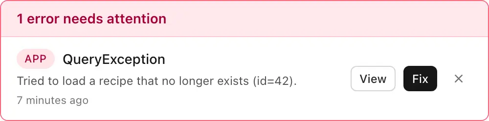 Errors fix themselves: an alert with a Fix button that hands the problem to the AI.